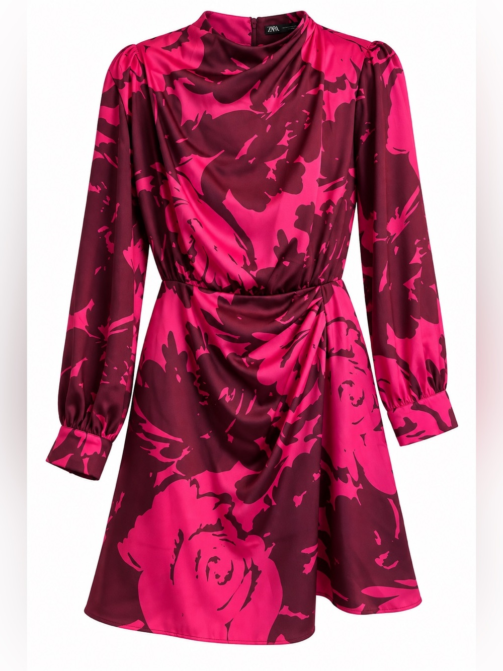 Zara Fuchsia and Burgundy Floral Satin Long Sleeve Dress